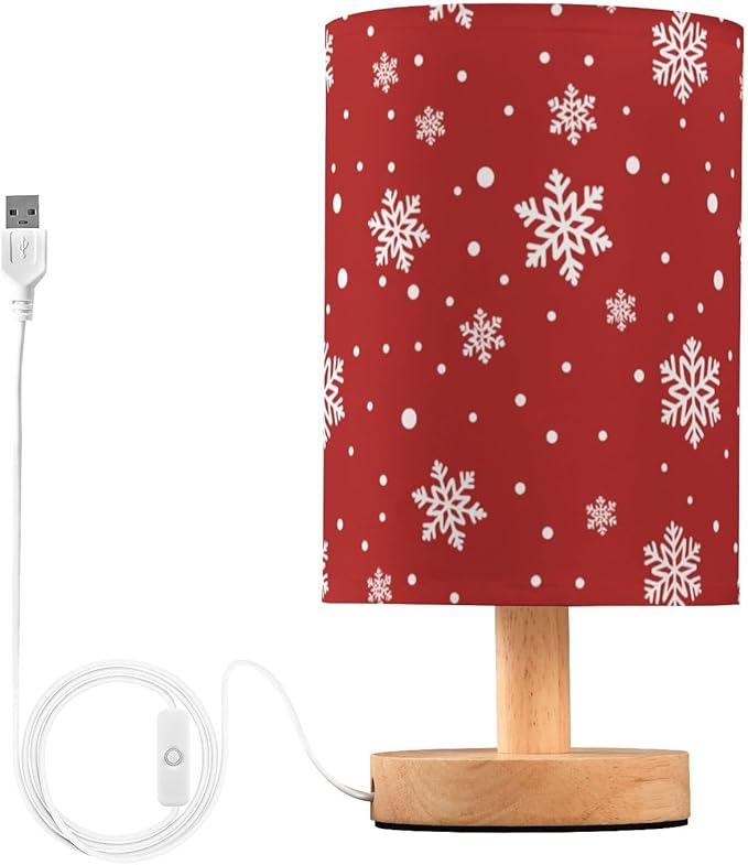 Red Snowflake LED Table Lamp, Bedside Lamp with Linen Lampshade, Flicker-Free Eye Care USB Plug in Nightstand Lamp, for Bedroom and Office