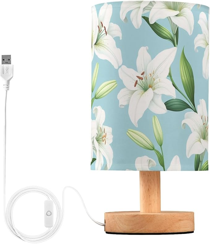White Lily LED Table Lamp, Bedside Lamp with Linen Lampshade, Flicker-Free Eye Care USB Plug in Nightstand Lamp, for Bedroom and Office