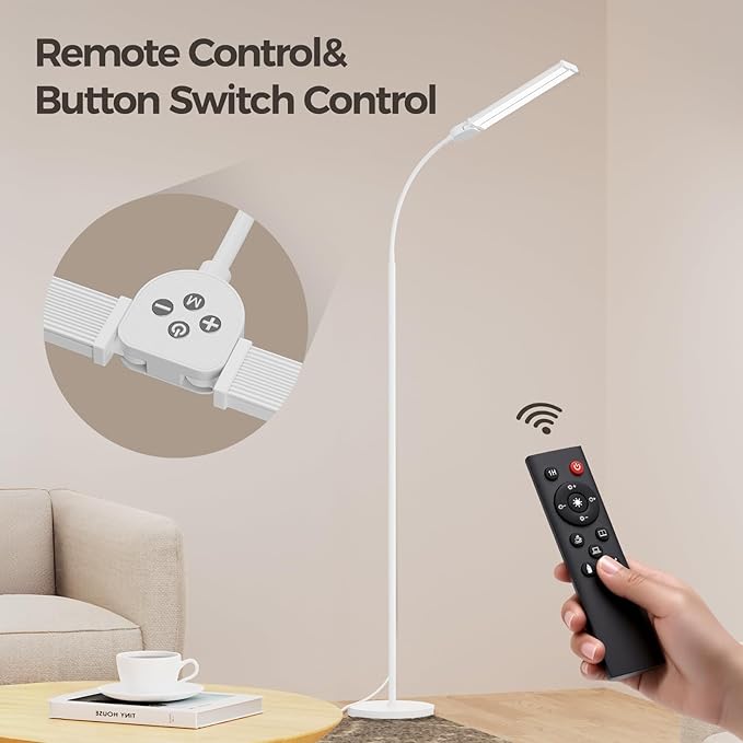 LED Floor Lamp for Living Room, Bright Reading Lamps for Office, Adjustable Colors Temperatures&Brightness, Dual Head Goose Neck Standing Lamp, Remote and Button Control, Eye-Caring Tall Lamp, White