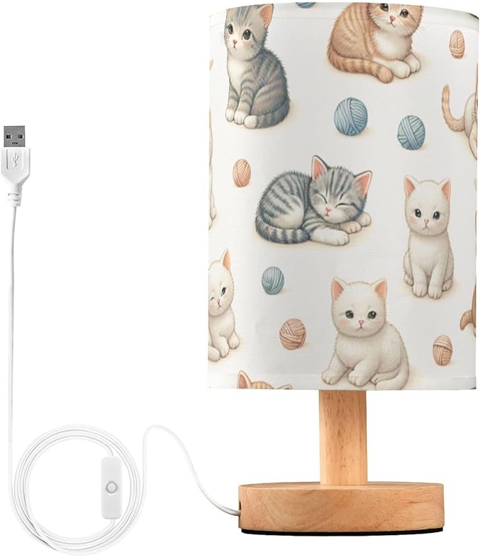 Cute Cat LED Table Lamp, Bedside Lamp with Linen Lampshade, Flicker-Free Eye Care USB Plug in Nightstand Lamp, for Bedroom and Office