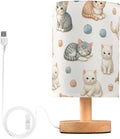 Cute Cat LED Table Lamp, Bedside Lamp with Linen Lampshade, Flicker-Free Eye Care USB Plug in Nightstand Lamp, for Bedroom and Office