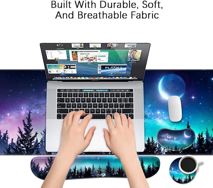 MIBITRI Keyboard Mouse Pad Set, Extended Gaming Mouse Pad+Ergonomics Keyboard Wrist Rest Support, Memory Foam, Easy Typing, 3Pcs XXL Ultra Thick Desk Mat, Moon Forest