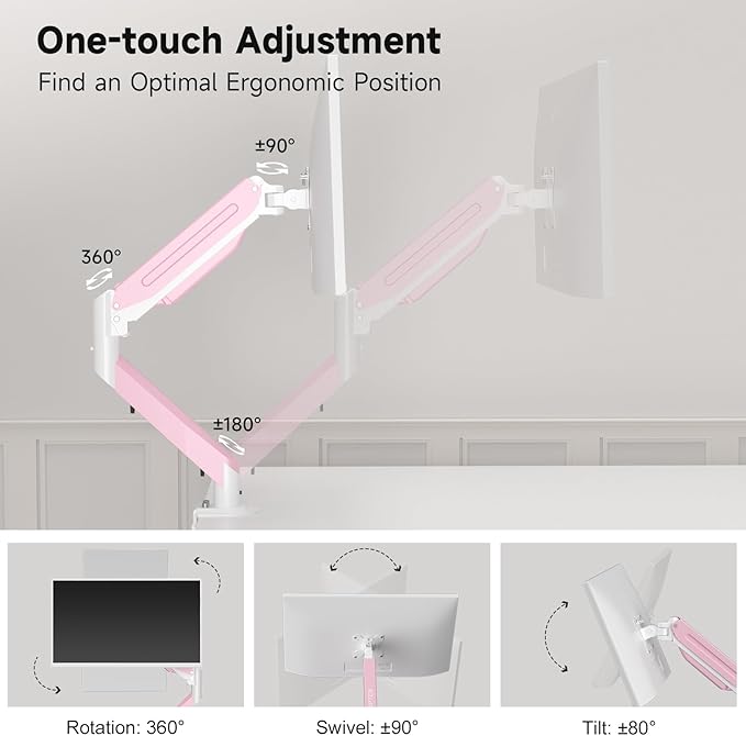 Suptek Monitor Mount Gas Spring Monitor Arm Desk Mount Fully Adjustable Fits 17 20 22 23 24 26 27 32 35 inch Monitors Weight Capacity up to 24.25 lbs, Pink