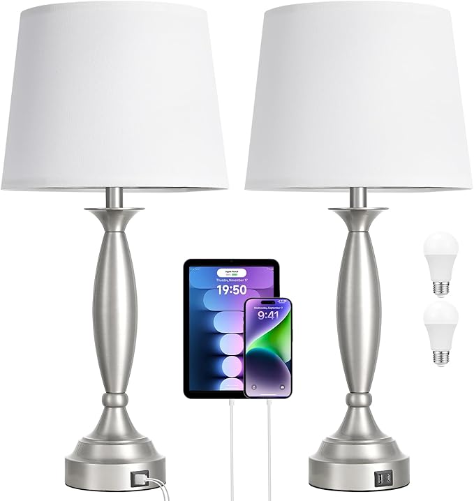 Seealle 25.5" White Lamps for Bedrooms Set of 2 - Touch Control Bedside Lamp with USB C+A, 3 Way Dimmable Nightstand Lamps with USB Port, Table Lamp for Living Room(White Shade and Nickel Base)