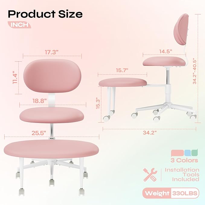 Ergonomic Cross Legged Office Chair with Wheels, ADHD Chair for Adults, Meditation Chair, Yoga Office Chair, Comfortable Back Support, Height Adjustable,Small Spaces, PU Leather, Pink