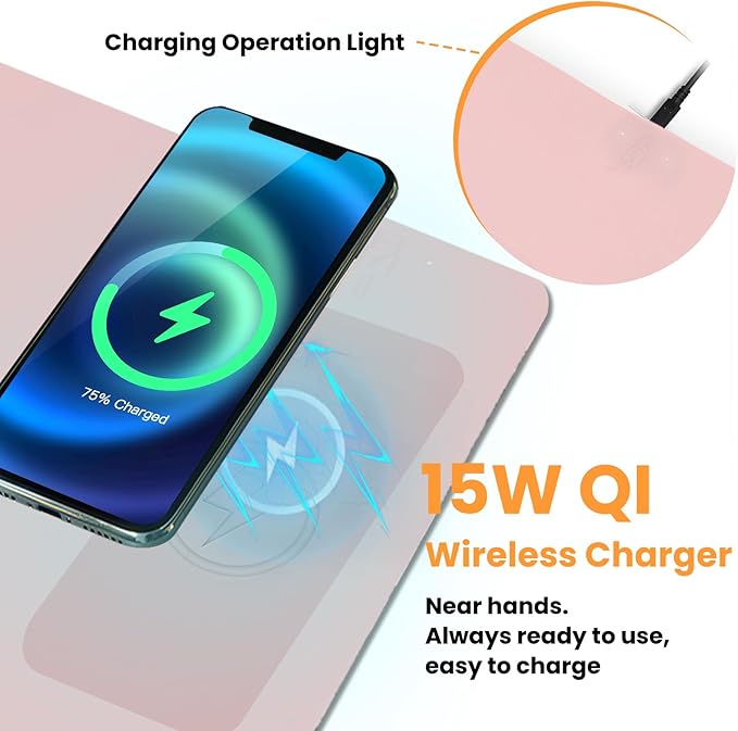 Desk Mat Wireless Charging Mouse Pad Large 32x16 Journey Desk Pad Mat with Wireless Charger Waterproof Pink Leather Computer Mat with Phone Charger Mousepad Non-Slip for Keyboard and Mouse