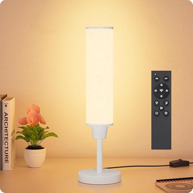 Table Lamp with Remote，Bedside Lamps for Night Stands, Nightstand Lamp with Adjustable Brightness (10%-100%) and Color Temperature (3000k-6000k),Small Lamp for Bedroom (White-Beige Linen)