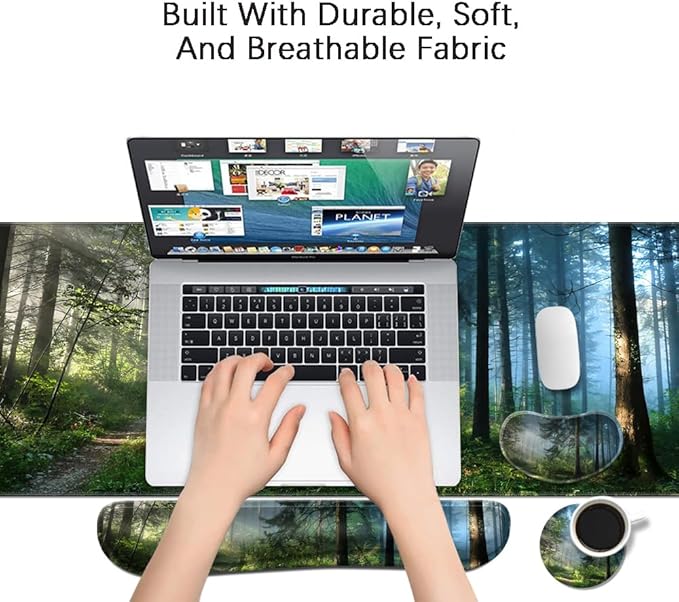 MIBITRI Keyboard Mouse Pad Set, Extended Gaming Mouse Pad+Ergonomics Keyboard Wrist Rest Support, Memory Foam, Easy Typing, 3Pcs XXL Ultra Thick Desk Mat, Forest in The Morning