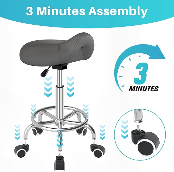 YEEZEE Saddle Stool Ergonomic- Comfortable Rolling Saddle Stool with Wide Thick Saddle Seat Padding, Swivel Adjustable Saddle Chair with Wheels and Ring Pedal for Medical Massage Salon (Grey)