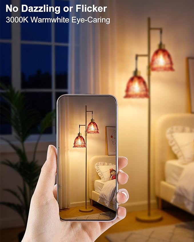 Gold Dimmable Floor Lamp for Living Room, 2-Light 65IN Tall Standing Lamps with Rose Red Glass Lampshade, 3000K Warmwhite Mid Century Modern Floor Lamp for Bedroom/Home Office/Corner