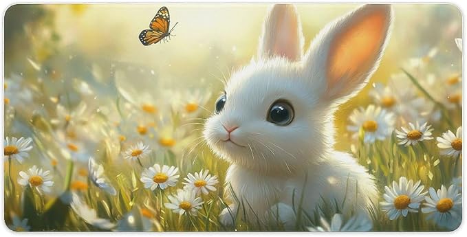 Large Ergonomic Gaming Mouse Pad Baby Bunny in Daisy Field - Sweet Rabbit Theme with Non-Slip Base Water-Resistant Surface and Stitched Edges 30x60cm