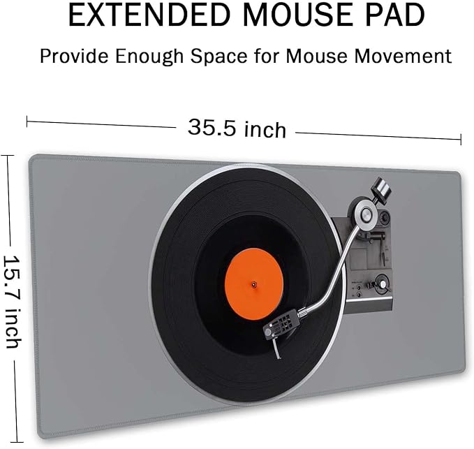 SSOIU Extended Gaming Mouse Pad Mat Large Desk Mat Non Slip Rubber Base Computer Desktop Laptop Keyboard Mouse Mat Stitched Edges, 35.5x15.7 in XXL Mousepad for Work Game, Retro Vintage Vinyl Record