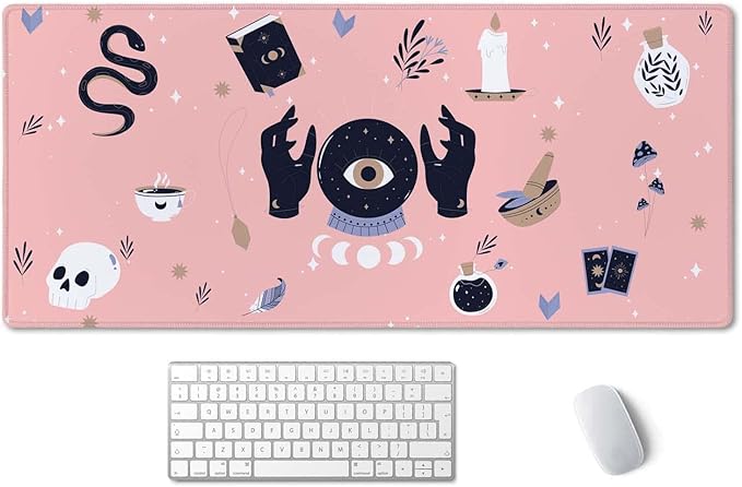 SSOIU Large Mouse Pad, Cute Pink Goth Desk Mat for Desktop, Women Girls Waterproof Gaming Mousepad, Boho Witch Computer PC Laptop Protector Writing Pads for School Office Home 35.5" x 15.7"