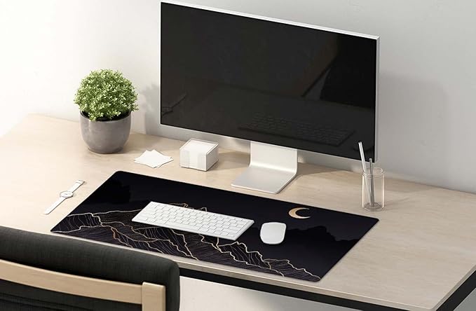 SSOIU Mountain & Moon Landscape Black Desk Mat, Boho & Gaming Mouse Pad, XXL 35.5" X 15.7", Waterproof With Stitched Edges
