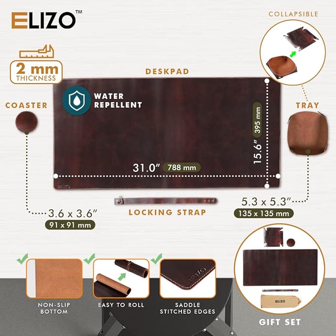 ELIZO Genuine Leather Desk Pad Leather Desk Mat (Bourbon2, 31x15.6 Single Layer2)