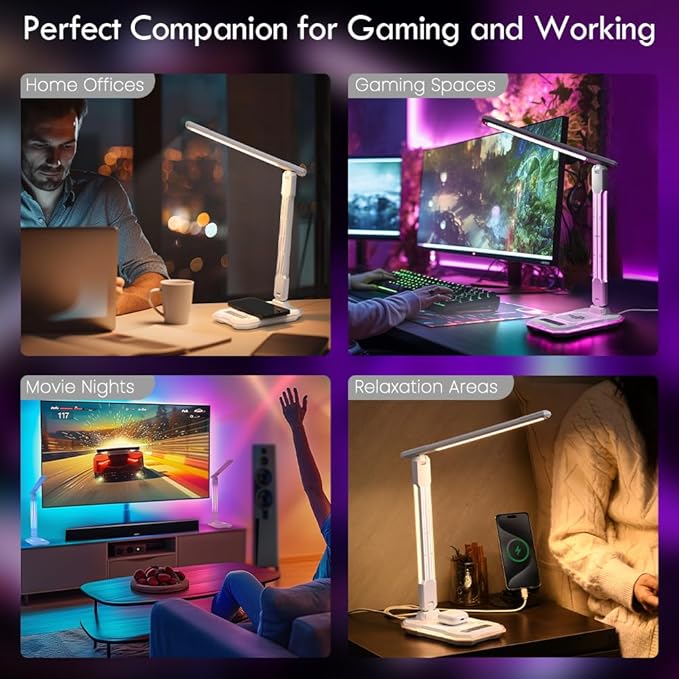 WILIT Desk Lamp for College Dorm Room, RGB Gaming Desk Light with Wireless Charging & USB Port, Gamer lamp Sound Reactive,3 Color Modes 5 Brightness,Reading Lamp Touch Control for Home Office,Study