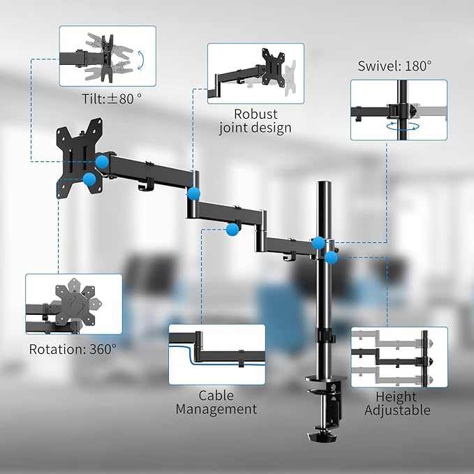 Single Long Monitor Stand, 13 to 32 inch Computer Monitor Desk Mount, Extra Long Adjustable Computer Arm, VESA Stand for 1 Screen, Max VESA 100x100, MD9431