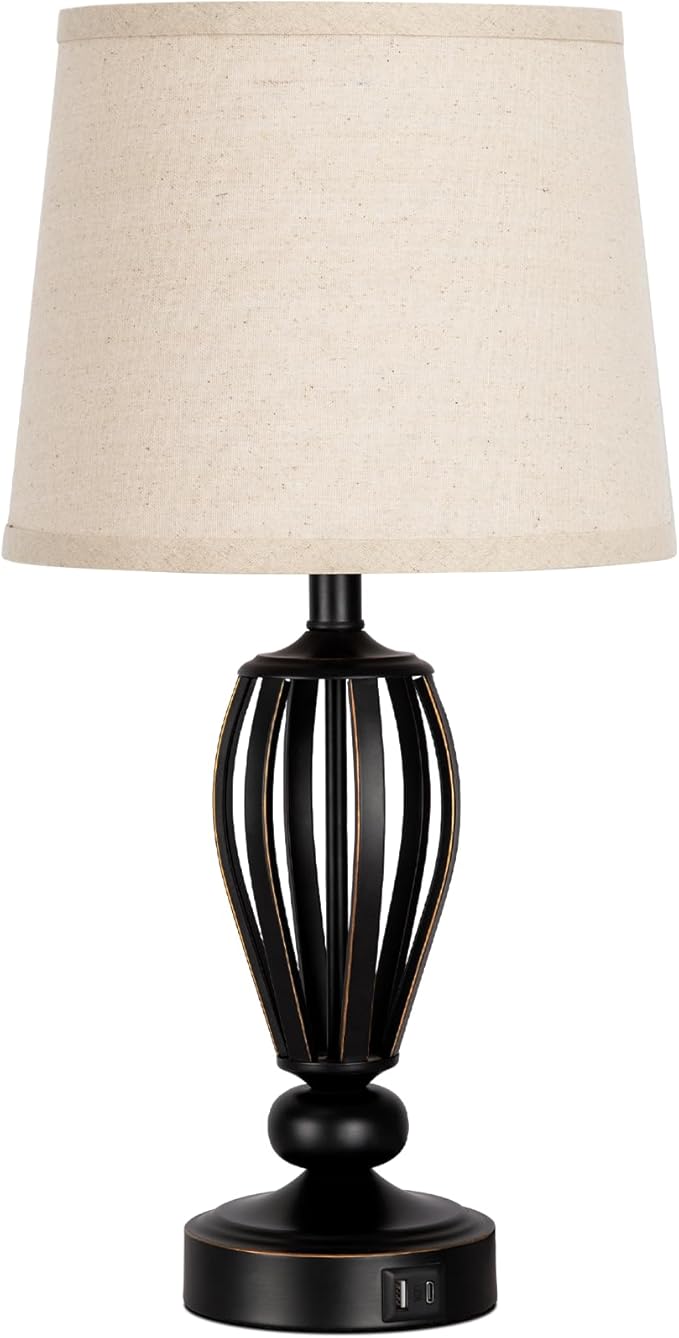 USB Bedside Lamp, 3-Way Dimmable Touch Table Lamp with USB C+A Charging Ports Industrial Table Lamp Black Metal Base Farmhouse Reading Lamp for Bedroom, Living Room, Office or Study LED Bulb Included