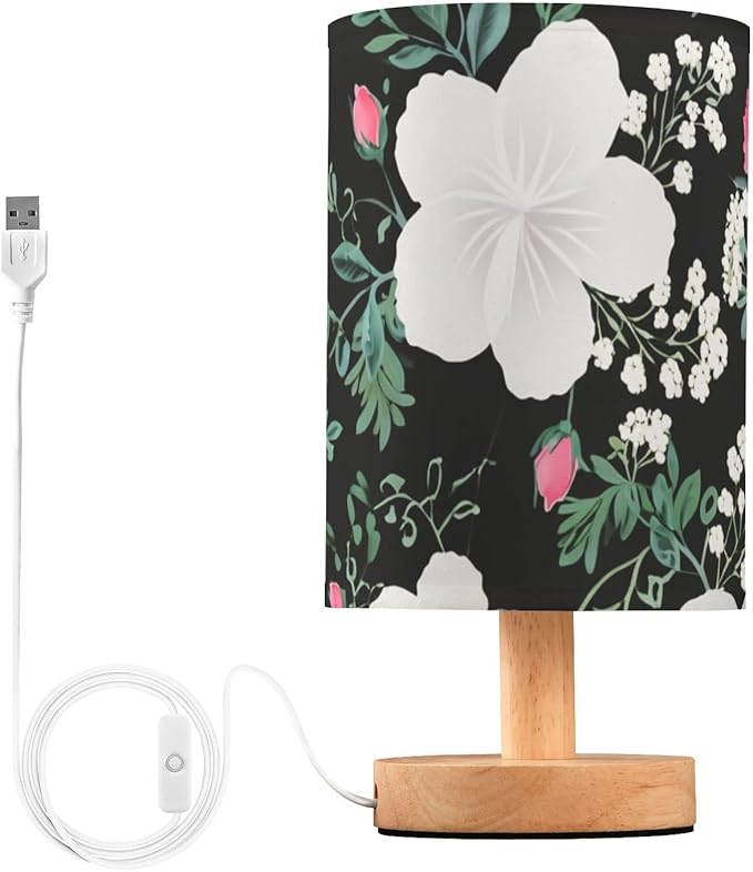 Flower LED Table Lamp, Bedside Lamp with Linen Lampshade, Flicker-Free Eye Care USB Plug in Nightstand Lamp, for Bedroom and Office