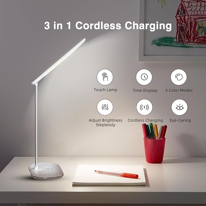3-in-1 LED Desk Lamp with Chargers, 3 Lighting Modes, 5 Brightness Levels & Dimmable, Touch-Controlled Reading lamp for Home/Office, Foldable Table lamp for College Dorm Room