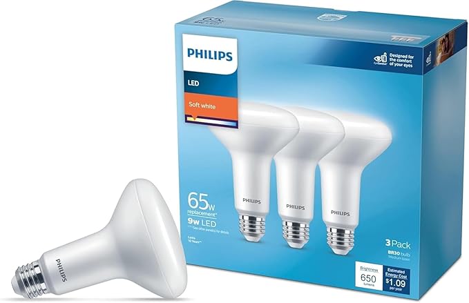 PHILIPS LED 65W BR30 3-Pack Basic Soft White (2700K) 650 Lumen (9W = 65W) Frosted Flicker-Free Light Bulbs