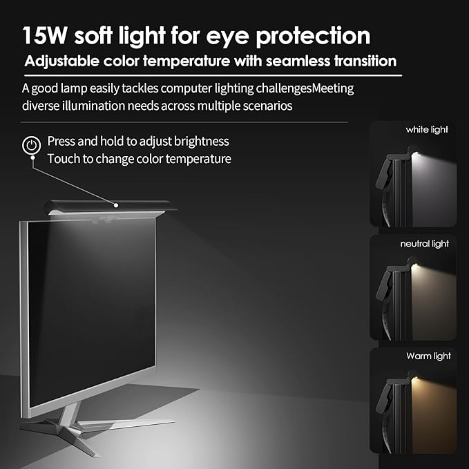 BY-J Computer Monitor Light Bars, Screen Monitor Light Bar for Eye Caring, Charged and Plugged in, Dimmable Monitor Light Bar, Touch Control, No Glare Space Saving Home