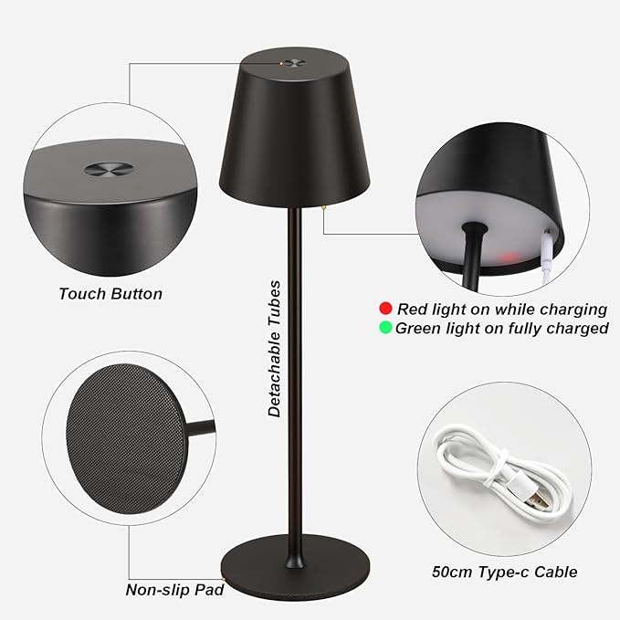 Kakanuo Cordless Table Lamp Rechargeable Black - KK 4 Pack Battery Operated Lamp for Dining Table, 3 Color Stepless Dimming Waterproof LED Wireless Lamp for Counter, Outdoor Patio, Touch Control