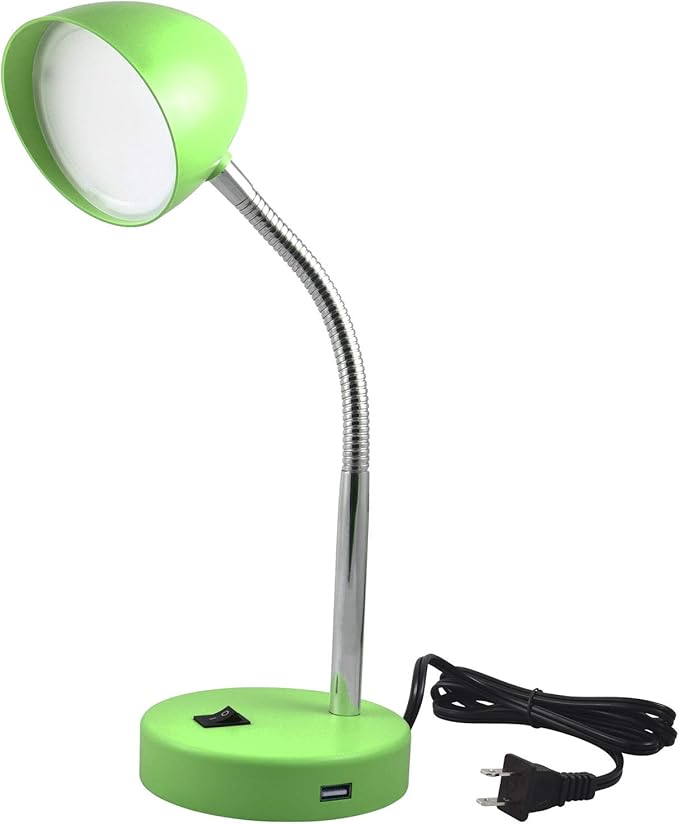 MaxLite LED Desk Lamp with USB Charging Port, Green Desk Lamp, Adjustable Neck, On/Off Switch, Modern Table Lamp for Reading, Work or School, Warm Gentle Light