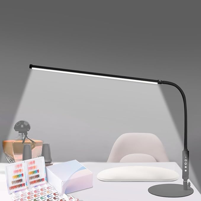 CGBE Led Desk Lamp: 360° Adjustable Nail Light for Desk with 3 Color Modes 5 Brightness, 23.6-Inch Nail Lamp for Desk for Salon Manicurist Tattoo Crafts Sewing Work Reading Game - Black