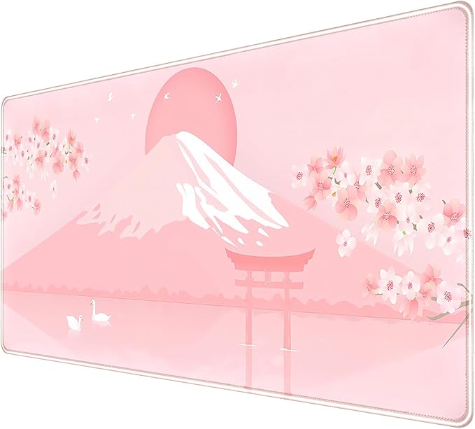 Pink Desk Pad, Japanese Mount Fuji Mouse Pad XXL, Cute Cherry Blossom Deskmat, Large Anime Game Computer Keyboard Mouse Mats, Women Full Desktop Protector, Home Office Accessories 31.5"X15.7"