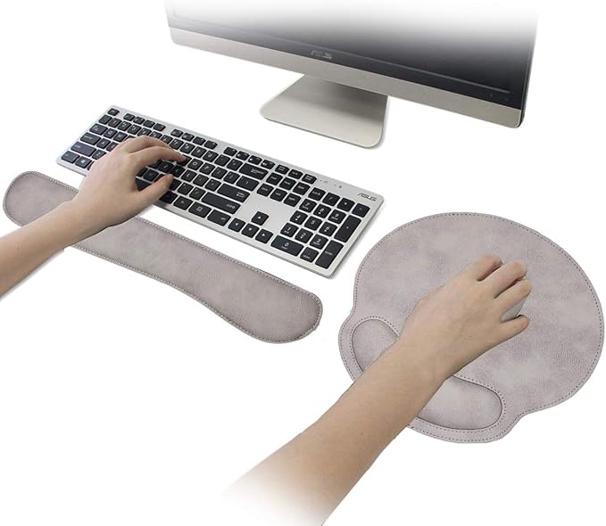 RICHEN Ergonomic PU Leather Keyboard Wrist Rest and Mouse Pad with Wrist Support, Memory Foam Set for Computer/Laptop,Gaming and Office, Comfortable for Easy Typing (Gray White)