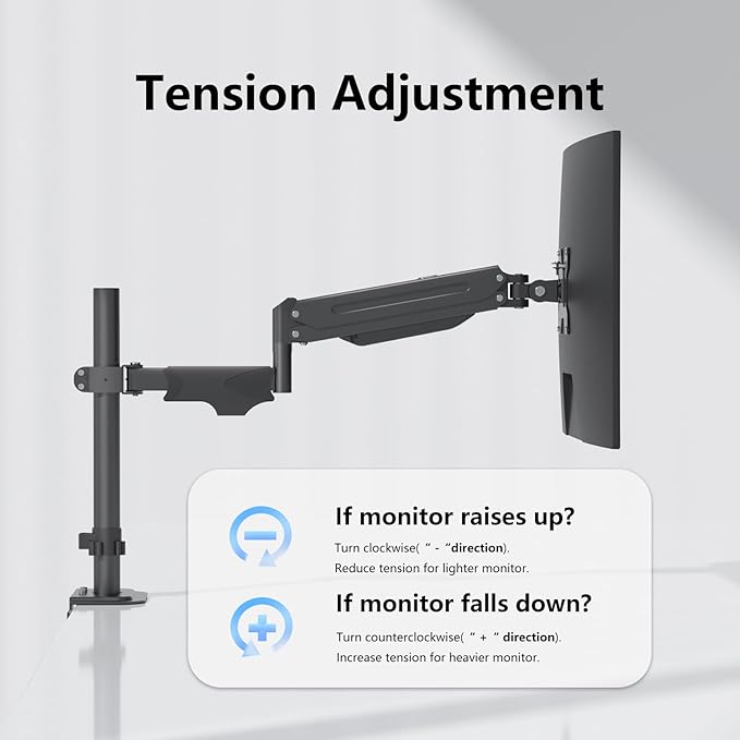 suptek Single Monitor Arm for Desk Mount Stand,Adjustable Monitor Arm for 17 to 32 inch Screen, Support Weight up to 22lbs, Mounting Holes 75x75mm to 100x100mm,Pneumatic Pole Mount Arm Black