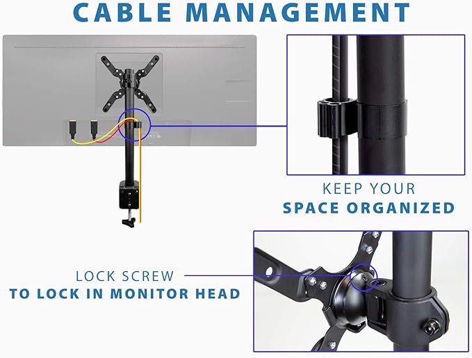 Mount-It! Ultra-Wide Single Monitor Arm Desk Mount, Height Adjustable Pole Stand for 13–42 Inch Screens up to 22 lbs, VESA 75x75 to 200x200, Clamp & Grommet