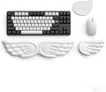 Angel Wing Wrist Rest Ergonomic Memory Foam Wrist Rest for Computer Keyboard Mouse Set with Cup Mat, Cute Gaming Keyboard Cushion Hand Support PU Leather Surface Anti-Slip Waterproof（White）