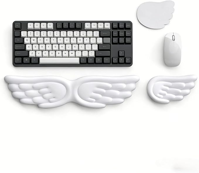 Angel Wing Wrist Rest Ergonomic Memory Foam Wrist Rest for Computer Keyboard Mouse Set with Cup Mat, Cute Gaming Keyboard Cushion Hand Support PU Leather Surface Anti-Slip Waterproof（White）