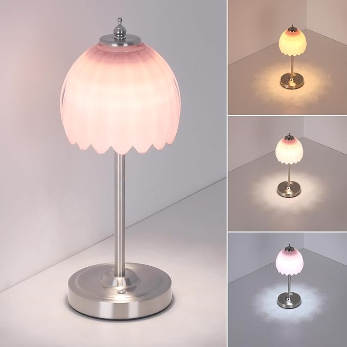 Rechargeable Table Lamp with 5200mAh Battery & Touch Control - 3 Adjustable Color Temperatures, Cordless Dimmable Table Light for Bedroom, Office Desk, Nightstand (Creamy Pink,Silver Base)