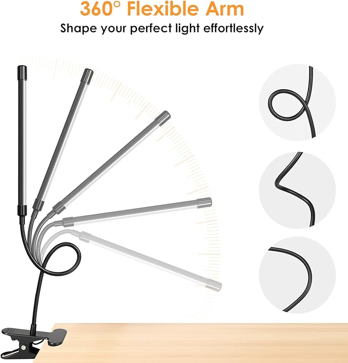 ShineTech LED Desk Lamp with Clamp, 3-Head Adjustable Gooseneck Task Lamps, Eye-Caring Stepless Dimming, 4 Color Modes, Memory & Auto-Off Timer, Clip On Desk Light for Home Office, Study, Reading
