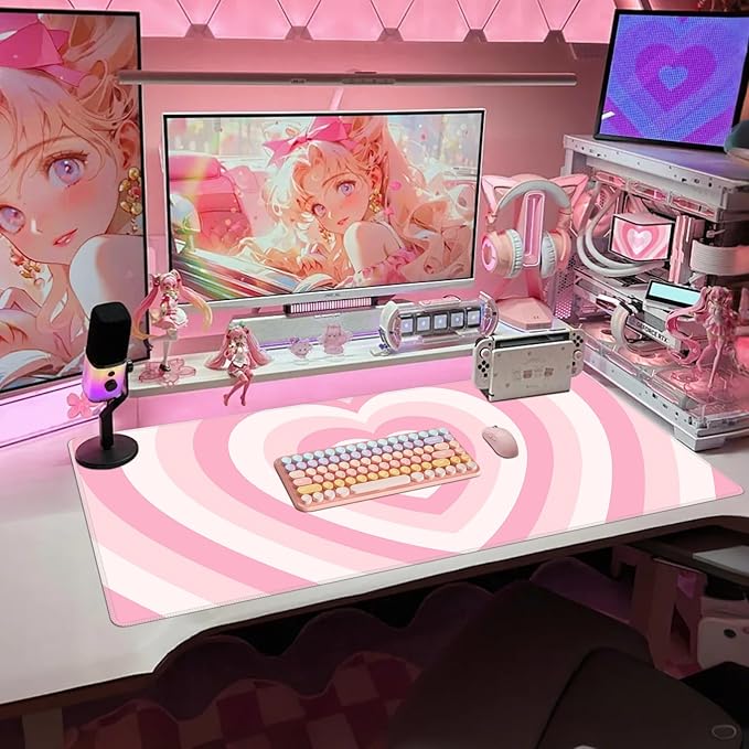 Baziabbo Pink Desk Mat,XXL Extended Large Mouse Pad,Gaming Mousepad with Stitched Edge,Non-Slip Rubber Base Keyboard Desk Pad for Home Office Study Game (Pink Heart)