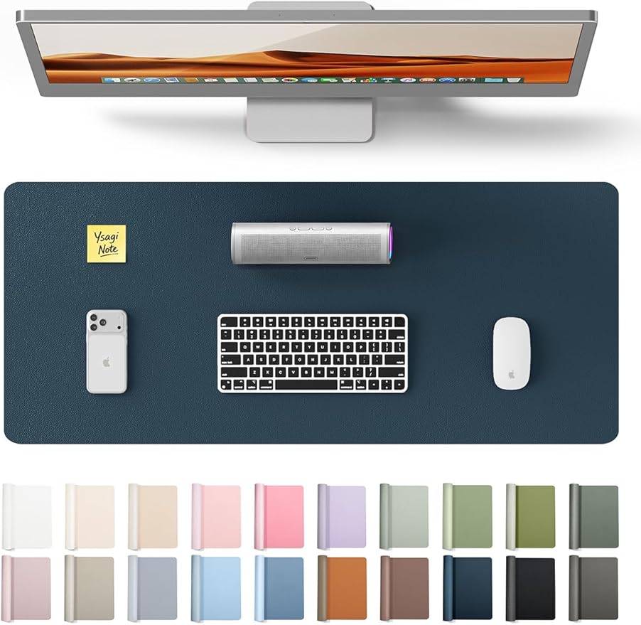 YSAGi Leather Desk Protector, Office Mat, Large Mouse Mat, Non-Slip PU Leather Blotter, Laptop Desk Mat, Waterproof Writing Pad for Office and Home (Dark Blue, 23.6" x 13.8")