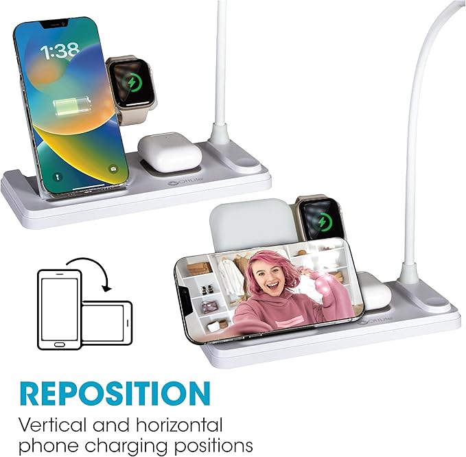 OttLite LED Desk Lamp with Charging Station, Multi-Device Desk Lamp with Wireless Charger, Book Light, Table Lamp Reading Light, Work Light, Desk Lights for Home Office or Bedside