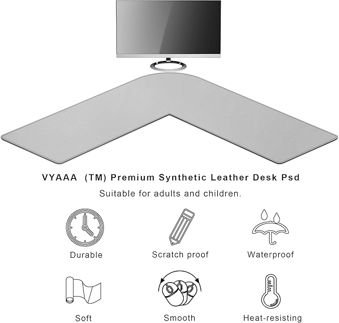 Vyaaa L-Shaped Leather Desk Pad, Gaming Mouse Pad for Corner Desk Mat, Office and Home, 43 x 43 x 15.7 Inch, Light Gray