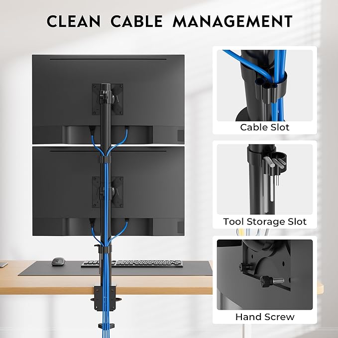 BONTEC Vertical Dual Monitor Desk Mount, Supports 13-34 Inch Screens, Full Motion Adjustability, VESA 75x75/100x100mm, Up to 22lbs per Arm, C Clamp and Grommet Mounting Options, Cable Management
