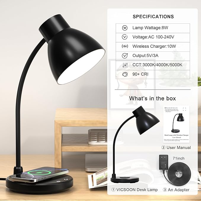 Desk Lamps for Home Office - LED Desk Lamp with Wireless Charger, 3 Color Modes Dimmable Eye-Caring Study Reading Desk Light, Small Flexible Arm Table Lamp for College Dorm Room Bedside, Black