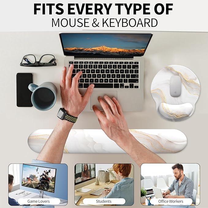 eulps Mouse Pad Wrist Support, Ergonomic Memory Foam Keyboard Wrist Pad & Gel Wrist Rest Set for Computer Keyboard for Easy Typing for Office & Home