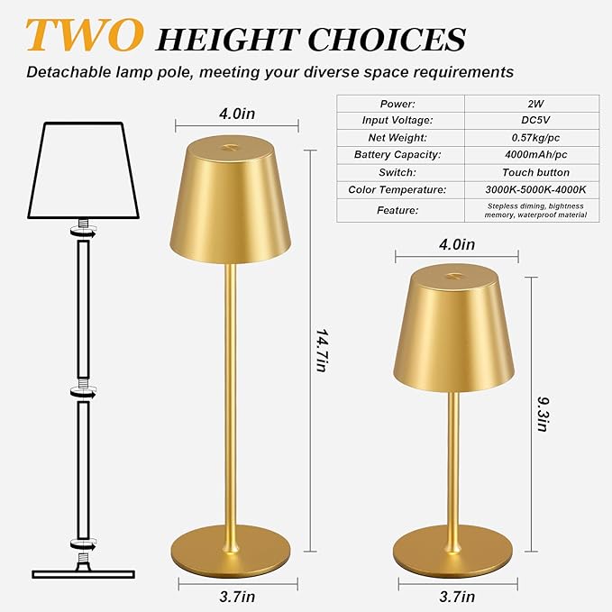 Cordless Table Lamp Rechargeable Gold - KK 2 Pack 5000mAH Battery Operated Lamp for Dining Table, 3 Color Stepless Dimming Waterproof LED Wireless Lamp for Counter, Outdoor Patio, Touch Control