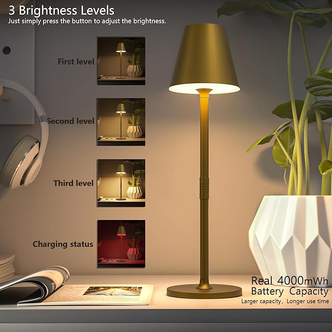 1-Pack Cordless Table Lamps - 5000mAh Rechargeable Battery Operated Desk Lamp, 3-Level Dimmable LED Night Light for Bedroom, Dining, Restaurant - Metal Design (Bronze 1-Pack)