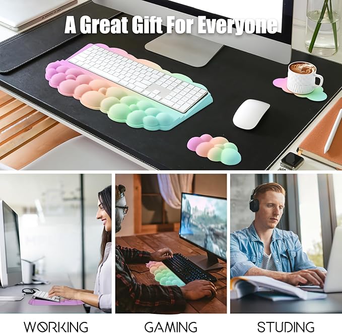 Ergonomic Wrist Rest for Keyboard, Soft Memory Foam Cloud Keyboard Stand Pad with Wrist Rest Set with Non-Slip Silicone Base, Easy Typing, Comfort for Computer Laptop Mac - Rainbow