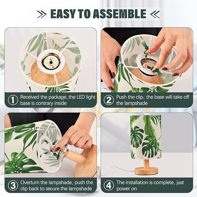 Tropical Leaf LED Table Lamp, Bedside Lamp with Linen Lampshade, Flicker-Free Eye Care USB Plug in Nightstand Lamp, for Bedroom and Office