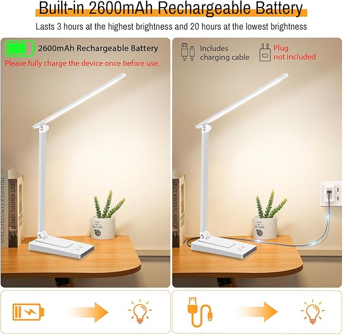 ErayLife Rechargeable LED Desk Lamp, 800LM 2600mAh Reading Table Lamp, 5 Color Modes with 5 Brightness, Aluminum Bedside Lamp with USB Charging Port for Study Home Office, White