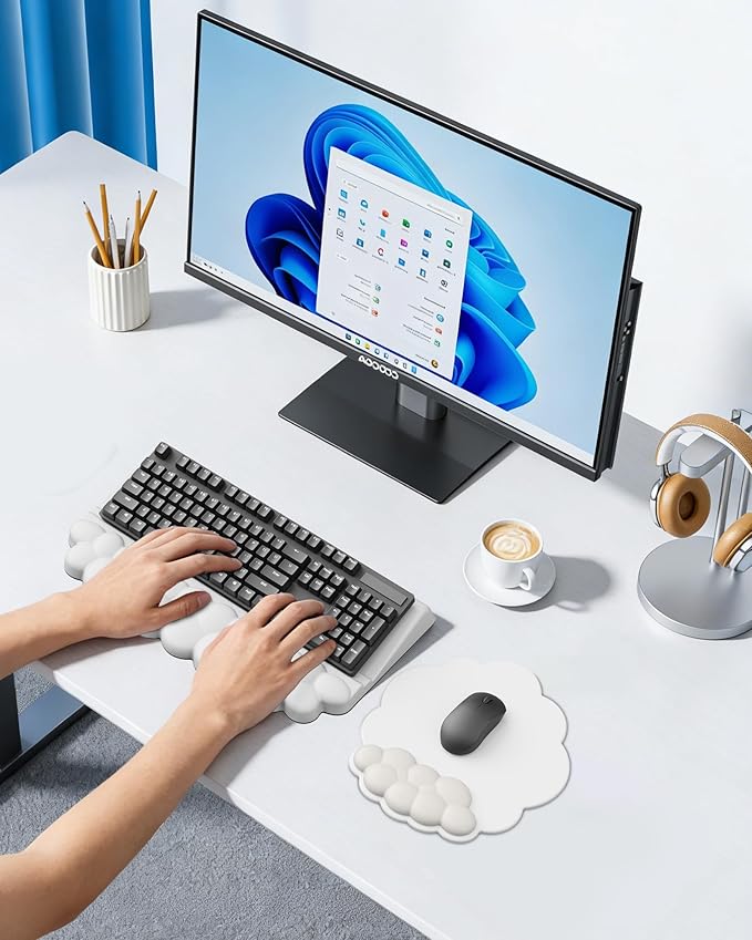 Cloud Wrist Rest for Keyboard and Mouse for Desktop, PU Leather Cloud Computer Keyboard Stand with Mouse Pad, Key Board Wrist Support Riser, Angle Adjustable Arm Rest(White)